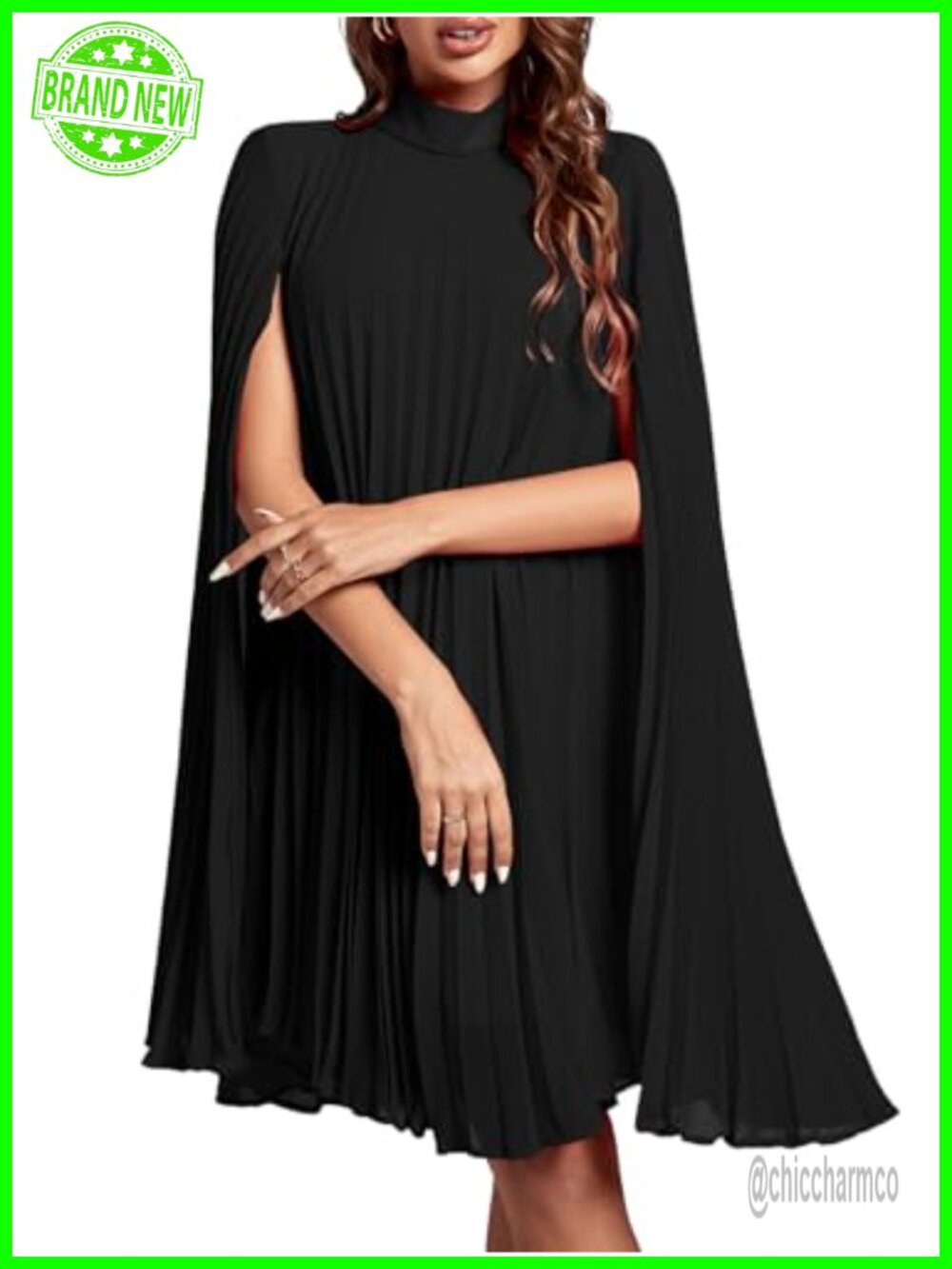 Women's Cloak Sleeve Mock Neck Midi Dress Pleated Keyhole Back Party